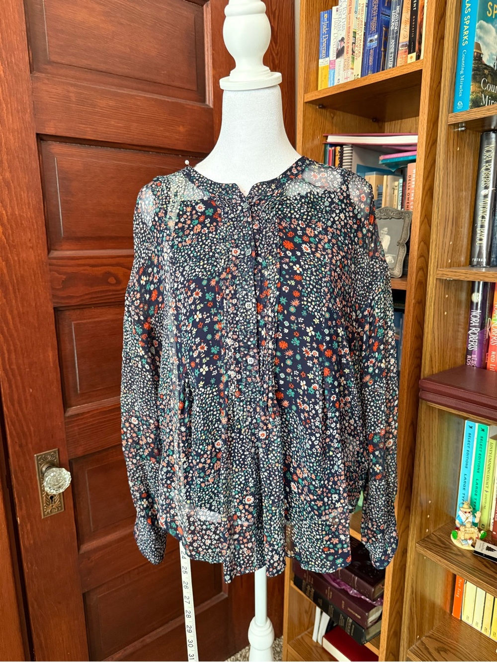 "JOIE Floral Sheer Blouse Chiffon V-Neck Button-Up 3/4 Sleeve Multi Blue
Size S"